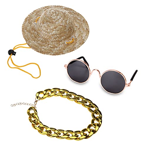 Maxtonser 4 Stück cooles Kostüm für Hunde und Katzen, modisches Halsband, Kette, Strohhut, lustiges Haustier-Zubehör von Maxtonser