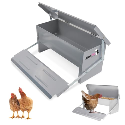 MaxxPet Futterautomat Hühner - Hühnerfutter Automat mit Trittklap - Futterspender Hühner Metall – Geflügelfutterautomaten – Futtertrog Hühner - 5kg Futter von MaxxPet