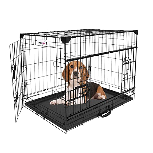 MaxxPet Hundebox – Gitterbox Hund - Hundetransportbox mit 2 Türen – Hundebox Auto - Hundekäfig für Zuhause - Transportbox Hund & Katze – 63x44x50 cm - Faltbare Hundebank – Schwarz von MaxxPet