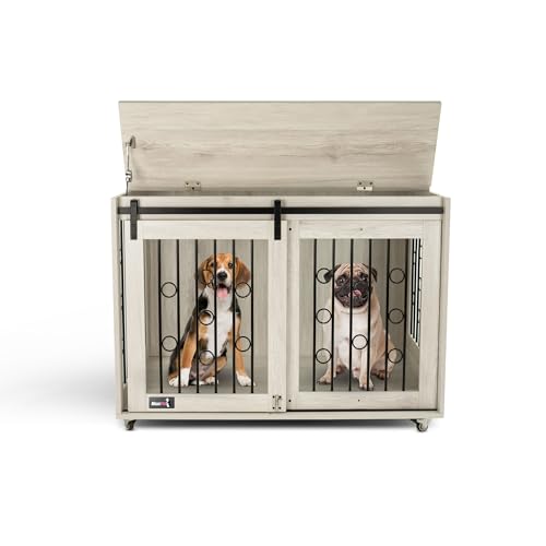 MaxxPet Hundekäfig Holz - Tierkäfig - Haustierkäfig mit herausnehmbarem Trennwand - Hundebox mit 2 Türen - Moderne Hundehütte Indoor für Hunde - 102x65x68 cm - Grau von MaxxPet