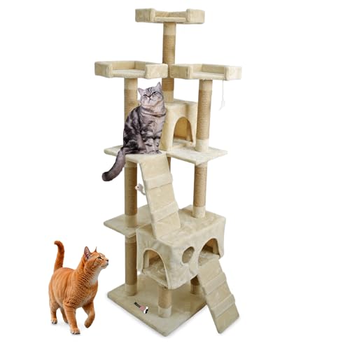 MaxxPet Kratzbaum - Katzenspielzeug- Krabton - Katzenhaus -2 Kuschelhäuser -Mehrere Ebenen - 50x50x170 cm - Beige von MaxxPet