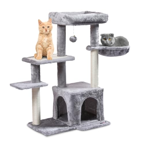 MaxxPet Kratzbaum - Katzenspielzeug - Kratztonne - Katzenhaus - Katzenkratzbaum 4 Etagen - 3 Liegeplätze + Katzenhaus + Hängematte mit zusätzlichen Spielzeugen - 58x39x90cm - Grau MaxxPet Kratzbaum - Katzenspielzeug - Kratztonne - Katzenhaus - Katzenkratzbaum 4 Etagen - 3 Liegeplätze + Katzenhaus + Hängematte mit zusätzlichen Spielzeugen - 58x39x90cm - Grau von MaxxPet