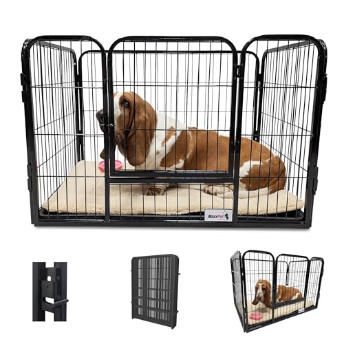 MaxxPet Welpenauslauf mit Bodenplatte - Welpengehege mit Plaid - Faltbarer Hundeauslauf - Welpenlaufstall - Verstellbares Freilaufgehege - 4 Paneele - 93x61x63 cm - Hundegitter Wohnung - Schwarz von MaxxPet