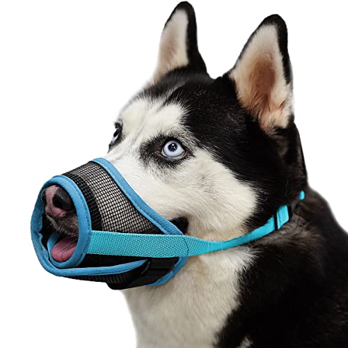 Mayerzon Maulkorb für Hunde, mit verstellbarem Klettverschluss, um Beißen, Bellen und Kauen zu verhindern, Luftnetz, atmungsaktiv, für kleine, mittelgroße und große Hunde (Blue, L) von Mayerzon