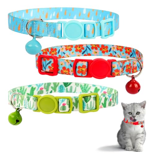 Mayoii 3 Packungen Anti-Würge-Katzenhalsband, Schnellverschluss, Sicherheitsschnalle, Kätzchenhalsband mit Glöckchen, verstellbare Katzenhalsband-Anhänger (mehrfarbig) von Mayoii
