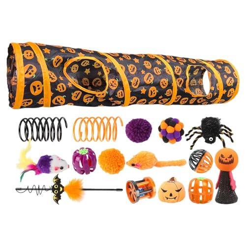 Haustier-Katzentunnelröhre, Katzenspielzeug-Set mit Tunnel | Zusammenklappbare Halloween-Katzenröhren mit Katzenspielzeug - Interaktives Spielzeug mit Kürbismuster für kleine Tiere, gelangweilte Katze Haustier-Katzentunnelröhre, Katzenspielzeug-Set mit Tunnel | Zusammenklappbare Halloween-Katzenröhren mit Katzenspielzeug - Interaktives Spielzeug mit Kürbismuster für kleine Tiere, gelangweilte Katze von Mbiyhgta