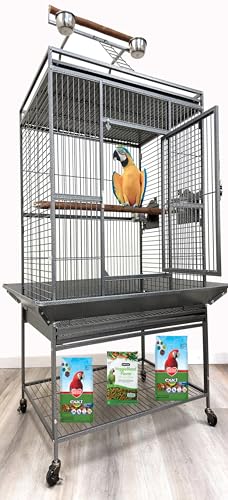 Große, elegante und langlebige Schmiedeeiserne Spielstange, Leitern, für Vögel, Papageien, rollender Metallkäfig, inklusive Samenschutz (schwarze Ader, 61 x 55,9 x 167,5 cm) von Mcage