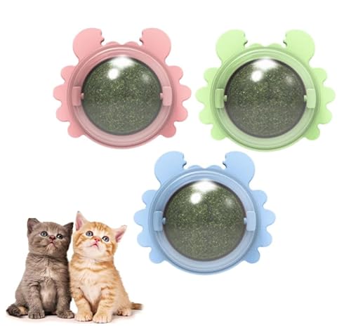 Mciluyaiio 3er-Pack Katzenminze-Bälle 360°, Katzenspielzeug mit natürlicher Katzenminze zum Aufkleben,Leckbälle, drehbares Spiel- und Kauspielzeug zum Zähneputzen (A) von Mciluyaiio