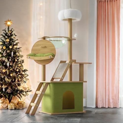 Kratzbaum-150 cm Mode katzenkratzbaum-Mit transparenter Raumkapsel, Mit Natur-Sisal,Katze Hängematte,Plüsch-Sprungplattform,Spielzeugball, Grünem Kissen，Kratzbaum Holz-Kratzbaum groß von Mdpetpops