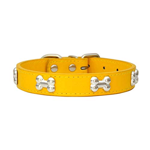 Mdurian Echtes Leder Metallknochen Nieten Hundehalsband Sichere und Bequeme verstellbare Halsbänder für kleine mittelgroße Hunde, (L, Gelb) von Mdurian