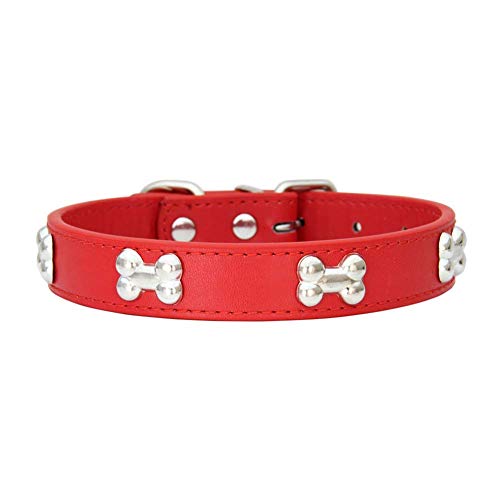 Mdurian Echtes Leder Metallknochen Nieten Hundehalsband Sichere und Bequeme verstellbare Halsbänder für kleine mittelgroße Hunde, (L, Rot) von Mdurian