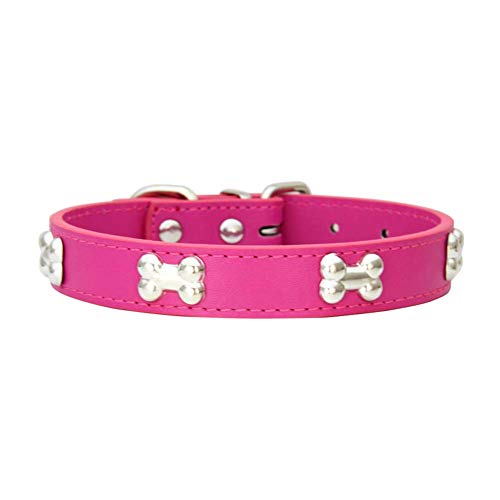 Mdurian Echtes Leder Metallknochen Nieten Hundehalsband Sicheres und bequemes verstellbares Halsband für kleine mittelgroße Hunde, (L, Rose) von Mdurian