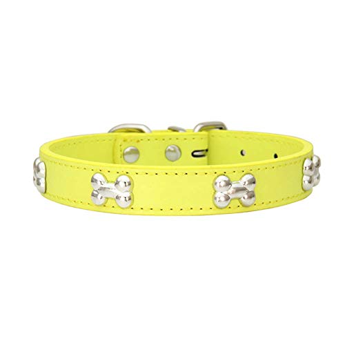 Mdurian Echtes Leder Metallknochen Nieten Hundehalsband Sicheres und bequemes verstellbares Halsband für kleine mittelgroße Hunde, (L, Zitrone) von Mdurian