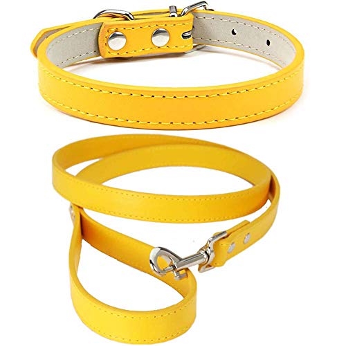 Mdurian Echtleder Leine Combo Set Einfarbiges Hundehalsband Sicher und bequem Verstellbare Halsbänder für kleine, mittlere Hunde (Gelb, S) von Mdurian
