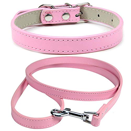 Mdurian Echtleder Leine Combo Set Einfarbiges Hundehalsband Sicher und bequem Verstellbare Halsbänder für kleine, mittlere Hunde (Pink, L) von Mdurian