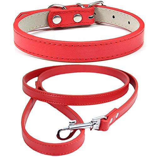 Mdurian Echtleder Leine Combo Set Einfarbiges Hundehalsband Sicher und bequem Verstellbare Halsbänder für kleine, mittlere Hunde (Rot, M) von Mdurian