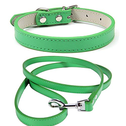 Mdurian Echtleder Leine Combo Set Einfarbiges Hundehalsband Sicher und bequem Verstellbare Halsbänder für kleine, mittlere Hunde (grün, L) von Mdurian