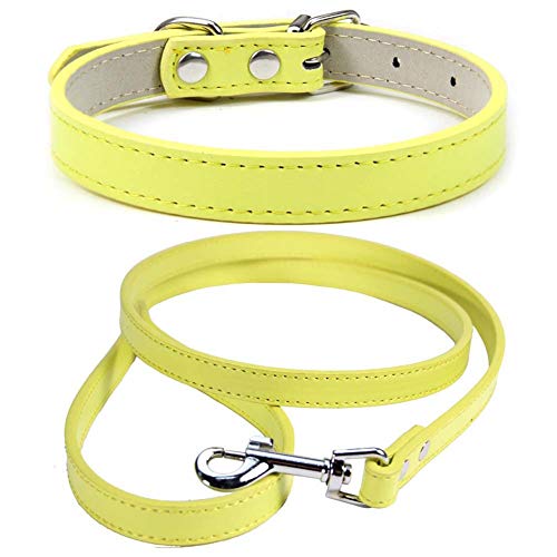 Mdurian Echtlederleine Combo Set Einfarbiges Hundehalsband Sicher und bequem Verstellbare Halsbänder für kleine, mittlere Hunde (hellgelb, L) von Mdurian