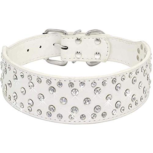 Mdurian Rhinestone Bling PU Leder Hundehalsband Crystal Diamonds Nietenhalsbänder für mittlere und große Hunde (Weiß, M) von Mdurian