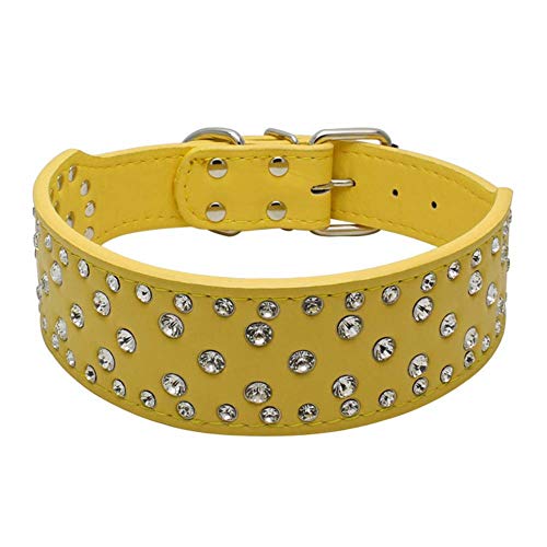 Mdurian Rhinestone Bling PU Leder Hundehalsband Crystal Diamonds Nietenhalsbänder für mittlere und große Hunde (gelb, L) von Mdurian