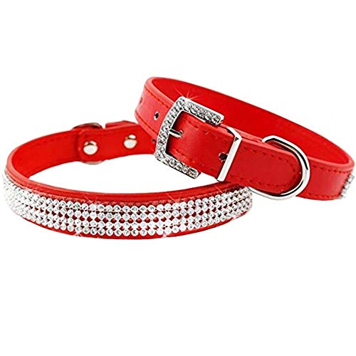 Mdurian Rhinestone Hundehalsband 4-reihiges, schillerndes PU-Lederhalsband mit Kristalldiamantenbesatz für Haustierhündchen (L, Rot) von Mdurian