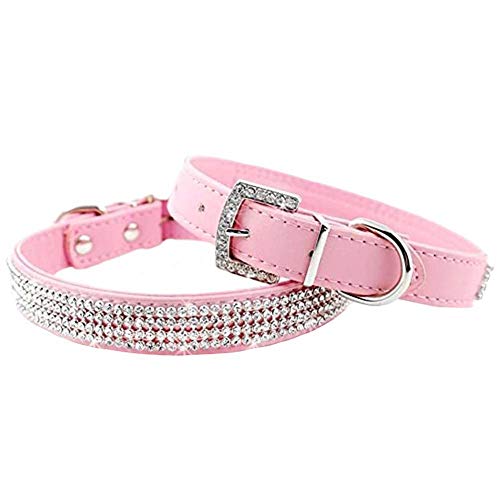 Mdurian Strass Hundehalsband 4-reihig schillernde Kristalldiamant besetzt PU-Lederhalsbänder für Haustier Hündchen (L, Pink) von Mdurian