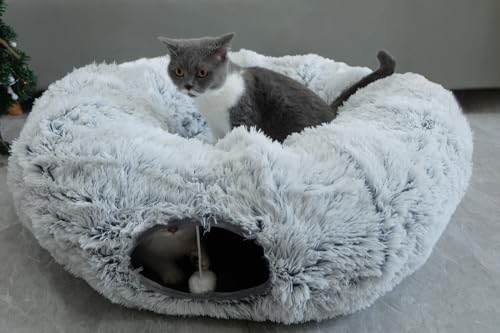 MeHongCan Plüsch-Katzentunnelbett mit zentraler Matte für den Innenbereich, für Katzen, Kätzchen, Welpen, Kaninchen, unter dem Weihnachtsbaum, weicher Plüsch-Katzenspieltunnel, Guckloch und hängender von MeHongCan