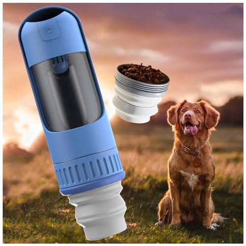 Hunde Trinkflasche to Go, 2in1 Hundetrinkflasche, 350ml mit 150ml Futterbeutel Hunde Trinkflasche für Täglich Spazieren Gehen Reisen Campen,Blue von MeLtor
