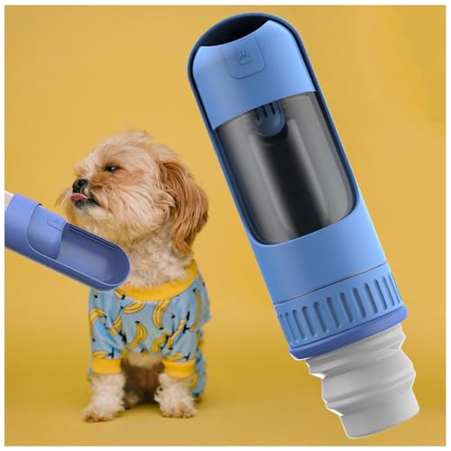 Hundetrinkflasche Für Unterwegs, 350 ml Hundetrinkflasche mit 150 ml Hundefutter Becher Wasserflasche Hund für Täglich Spazieren Gehen Reisen Campen,Blue von MeLtor