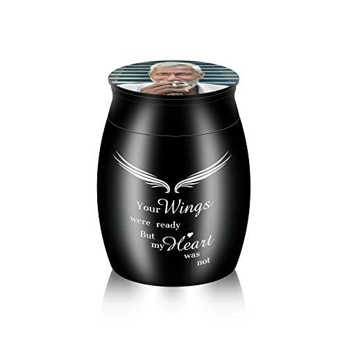 MeMeDIY Edelstahl Mini Urne Hund, Katze, Menschliche, Tierurne Personalisiert Gravur wasserdichte Gedenkurne, Andenken Urne für die Beerdigung, Geburtsstein (Black, Color Photo, Your Wings..) von MeMeDIY