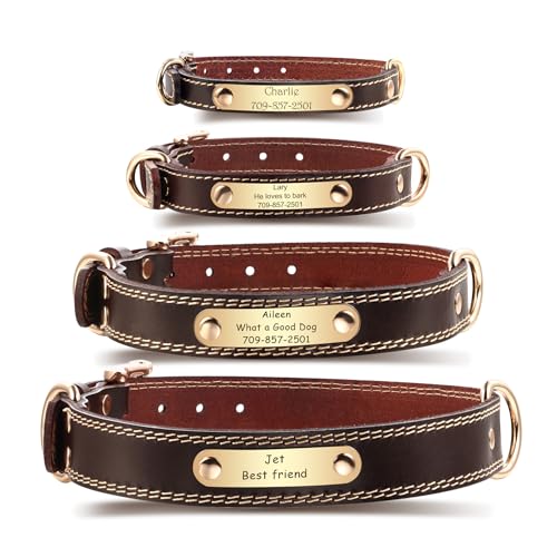 MeMeDIY Personalisierte Hundehalsbänder aus Leder Gravierbares Namen ID-Tag Braunes Halsband Leder-Namensschild-Halsband für Kleine Mittelgroße und Große Hunde (M) von MeMeDIY