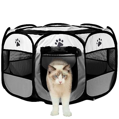MeYuxg Welpenauslauf 73x73x43cm, Haustier Hundezaun, Tragbarer Laufstall für Innen- und Außenbereich, Hundegehege Katzengehege, Geeignet für Hunde, Katzen und Kleintiere, Grau von MeYuxg