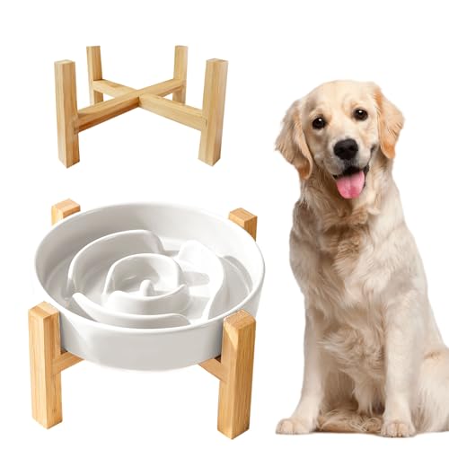 Anti Schling Napf Hund, Keramik Antischlingnapf Hunde mit Holzständer, Erhöhte Slow Feeder für Hund, Langsame Fütterung für Mittelgroßer und Großer Weiß 19.5cm von MeYuxg