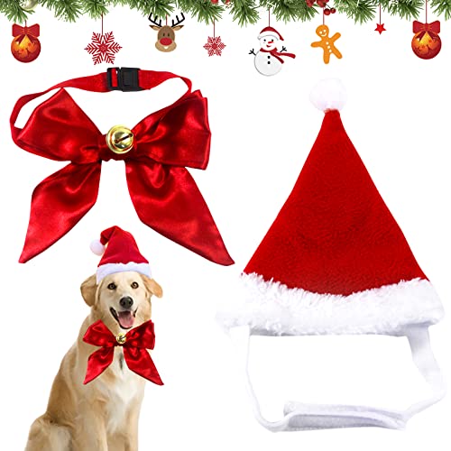 Hund Weihnachtsmütze, Weihnachtsmützen für Katzen, Haustier Weihnachten Kostüm Zubehör, Haustier Stirnband mit Haustier Krawatten und Glocken, Einstellbare Größe Haustier Hut für Katzen Hunde von Mecctuck