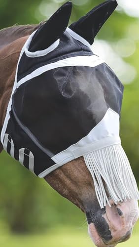 Feinmaschige Pferde Fliegenmaske mit Ohren & Nasenfransen UV-Schutz Schwarz (Full Horse) von MedTool