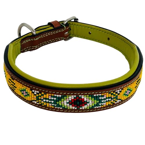 Hundehalsband Yellow Aztek, S - 45cm handgefertigt, Naturleder gepolstert, innen Nappaleder beige, L/B/H: 45 x 2,8 x 0,7cm - Kay-line Collection von MediMuc
