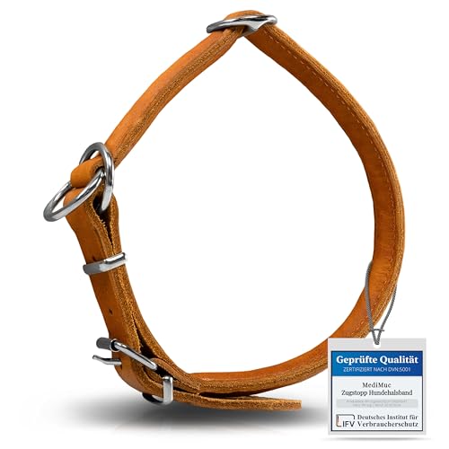 Rund & Weich - Zugstopp Hundehalsband Cognac M - 50cm mit Verstellbarer Schnalle und eingearbeitetem stabilem Kern, Lederhalsband mit Zugbegrenzung, Zugstopper fellschonend, Rindsleder von MediMuc