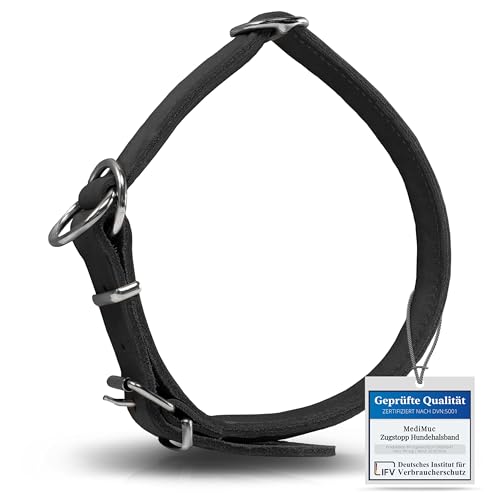 Rund & Weich - Zugstopp Hundehalsband Schwarz M - 50cm mit Verstellbarer Schnalle und eingearbeitetem stabilem Kern, Lederhalsband mit Zugbegrenzung, Zugstopper fellschonend, Rindsleder von MediMuc