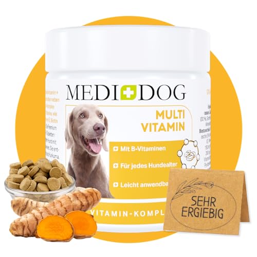 MEDIDOG Multi Vitamin B Komplex Tabletten – ca. 260 Tabletten – hochdosiert, mit VIT. B1, B2, B3, B6, B12, VIT. A, VIT. E, mit Casein, Bierhefe und Kurkuma von MEDIDOG