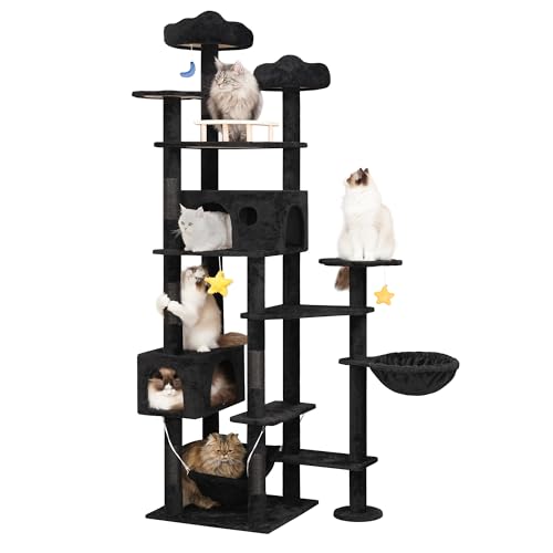 Meecal 215,9 cm hoher Katzenbaum für Indoor-Katzen, großer Erwachsener, mehrstufiger Wolkenkatzenturm mit Kratzbaum, robuste Katzenhütte mit Hängematten und Plüsch-Sitzstangen für Maine Coon, Schwarz von Meecal