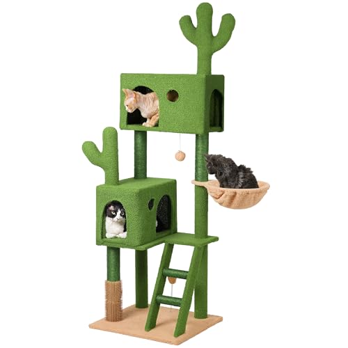 Meecal Kaktus-Katzenbaum für große Katzen, 165,1 cm, grüner Katzenturm mit Kratzbaum, tiefe Hängematte, Höhlen, Katzenleiter, Katzen-Selbstpfleger, baumelnder Ball, Schaukelball, großer Katzenbaumturm von Meecal
