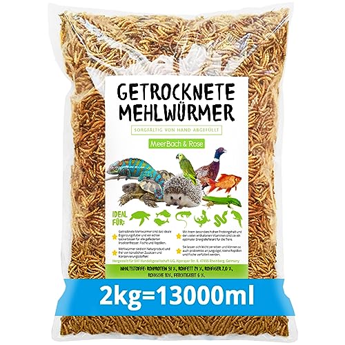 Meerbach & Rose Mehlwürmer getrocknet, 2kg (entspricht 13 Litern) getrocknete Mehlwürmer, proteinreicher Snack für Wildvögel, Fische, Reptilien und Nager von MeerBach & Rose