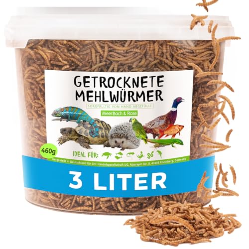 Mehlwürmer getrocknet, 3 Liter (460g) Futtermittel im Eimer, Igelfutter, Vogelfutter Wildvögel, proteinreicher Snack für Fische und Reptilien von MeerBach & Rose