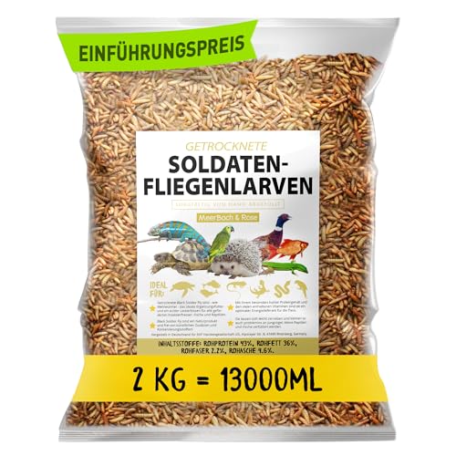 Soldatenfliegenlarven getrocknet 2kg (entspricht 13 Litern), Black Soldier Flys, Vogelfutter, Igelfutter mit Insekten, Fischfutter, proteinreicher Snack für Reptilien und Schildkröten von MeerBach & Rose