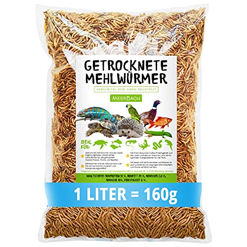 Mehlwürmer getrocknet, 1 Liter (160g) Futtermittel im Beutel, Igelfutter, der proteinreiche Snack für Wildvögel, Fische, Reptilien, Schildkröten und Igel von MeerBach & Rose