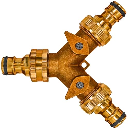 MegaHaustechnik Zweiwege Verteiler Y-Stück mit 2 separaten Absperrhähnen aus Messing mit 3X Stecker für Stecksystem von MegaHaustechnik