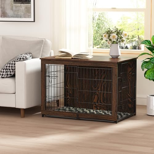 Megidok Hundekäfig-Möbel aus Holz mit Kissen, Hundekäfig-Beistelltisch mit Tablett, Doppeltüren, Hundekäfig-Möbel-Stil, dekorative Hundehütten für den Innenbereich (94 cm L x 63,5 cm B x 66 cm H, Megidok Hundekäfig-Möbel aus Holz mit Kissen, Hundekäfig-Beistelltisch mit Tablett, Doppeltüren, Hundekäfig-Möbel-Stil, dekorative Hundehütten für den Innenbereich (94 cm L x 63,5 cm B x 66 cm H, von Megidok
