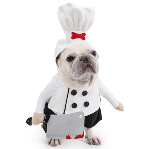 Halloween-Kochkostüm, verstellbar, lustiges Halloween-Kochkostüm mit 3D-Handmesser, Cosplay-Outfit, Hemd, Kochmützen für kleine, mittelgroße und größere Hunde von MeiAOBest