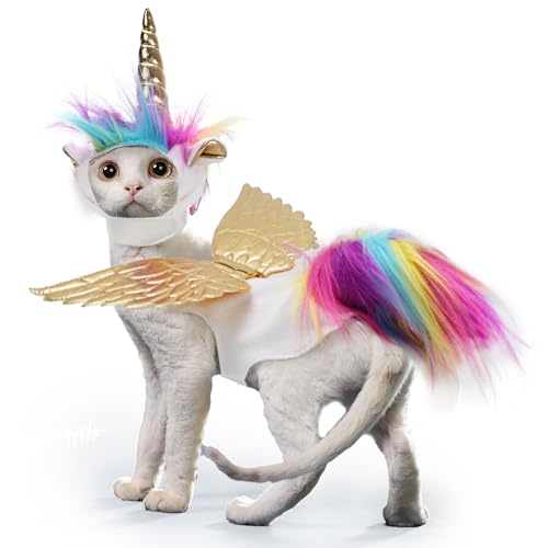 Halloween-Kostüm für Haustiere, Regenbogenpferd, verstellbar, für Katzen, Hunde, Festivals, Verkleidung, Weste, Mütze, Set mit goldenem Flügelhorn, buntes Rosshaar, Weihnachtskleidung, Foto-Requisite von MeiAOBest