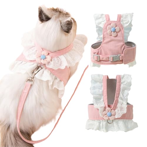 Haustiergeschirr, niedliche Katzen- und Hundeweste mit Leine, verstellbare Welpen-Prinzessinnen-Weste, Traktionsset für Training, Spazierengehen, Größe S (Rosa) von MeiAOBest